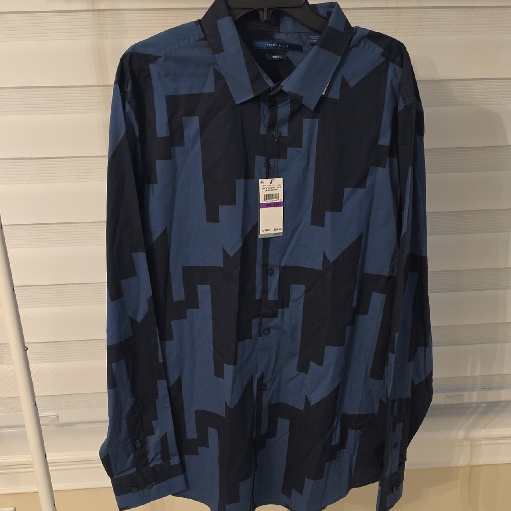 Perry Ellis Blue and Black Patterned Shirt Size XXL